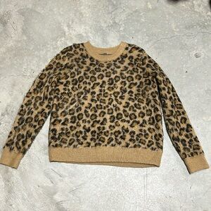 ALYA Fashion Sweater Crew Neck‎ Leopard Pattern Cream Ribbed Hem Brown Size M